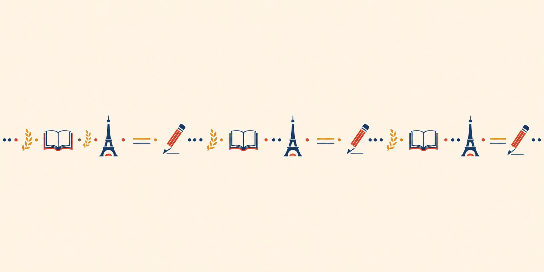 Franja decorativa con iconos de libros, Torre Eiffel y lápiz